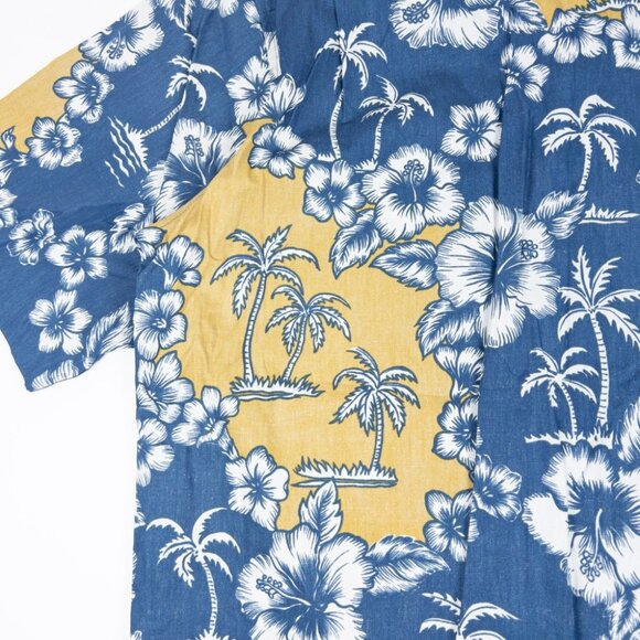 Reyn Spooner Floral Hawaiian Shirt Men's Large Blue Yellow Palm Tree Aloha - Picture 7 of 11